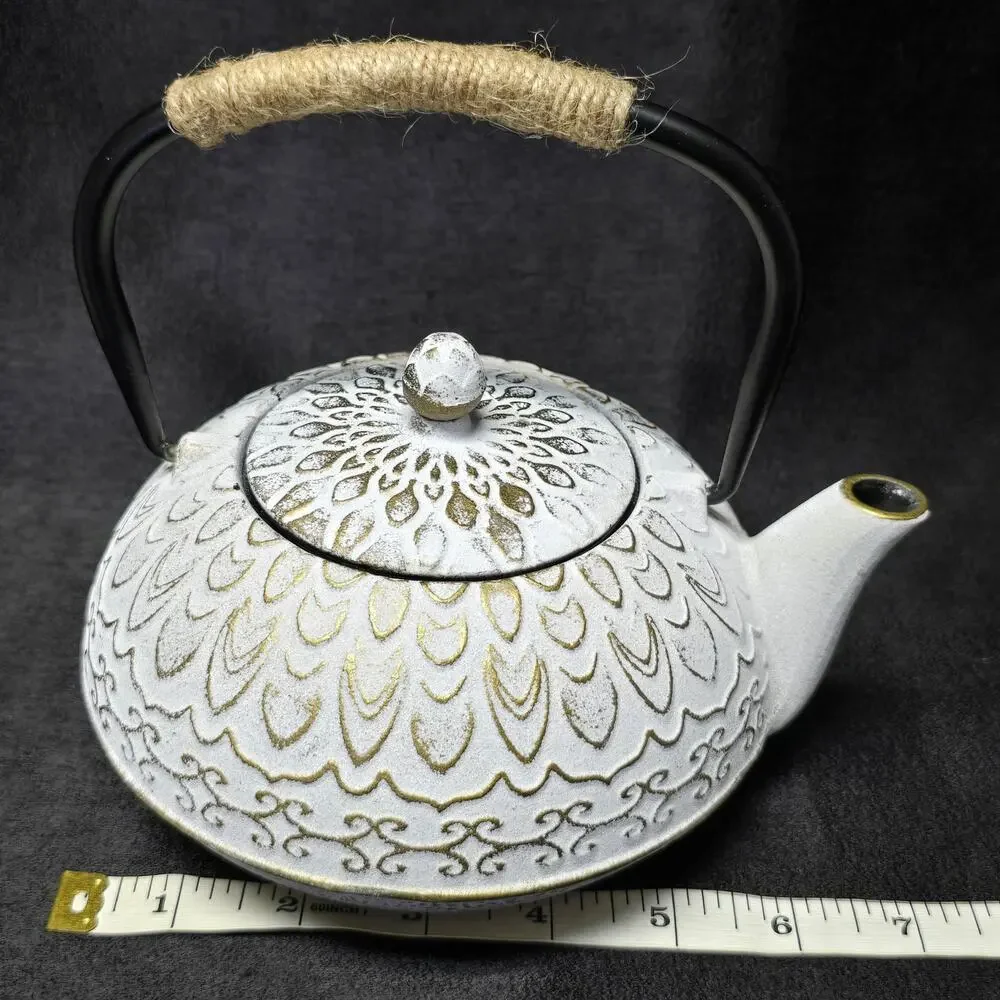 Vintage Colored Cast Iron Teapot Wicker Handle & Removable Infuser Tea Kettle